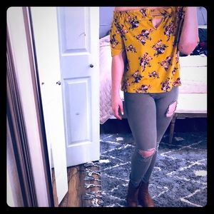 Mustard floral cold shoulder top
